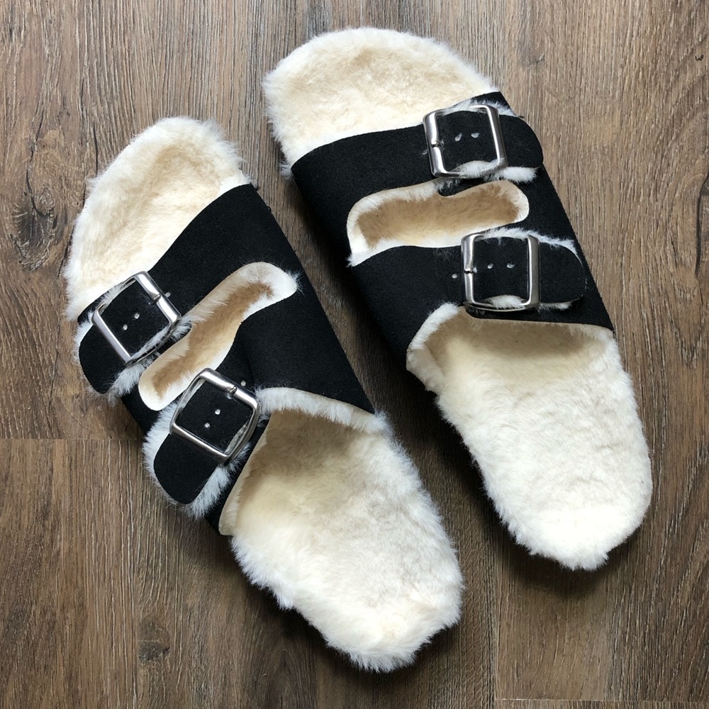 Double Buckle Cork Faux Fur Sandals